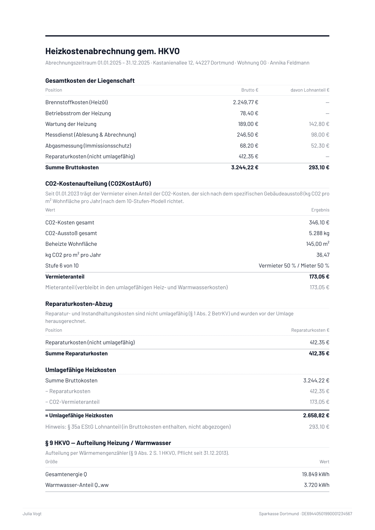 Muster der Heizkostenabrechnung nach Heizkostenverordnung mit CO2-Kostenaufteilung und Warmwasser-Trennung